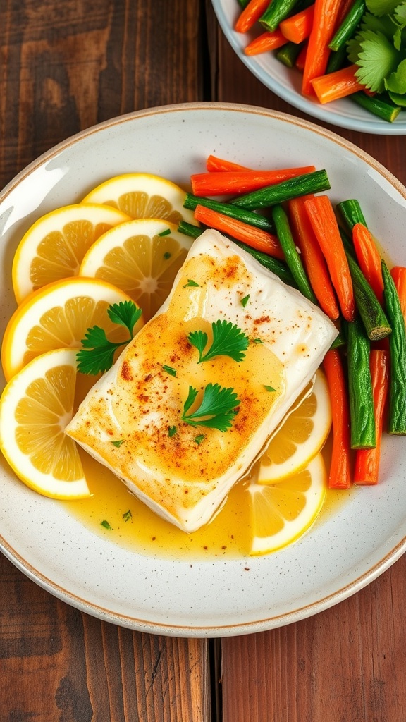 Plated lemon garlic butter cod with parsley and lemon wedges, accompanied by colorful steamed vegetables.